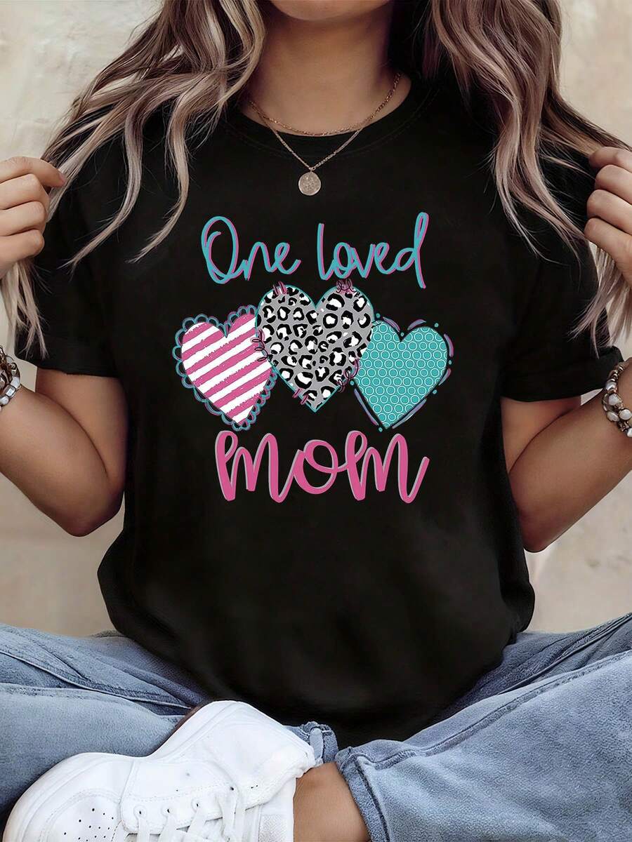 A Beloved Mother Women's T-Shirt With Love Print For Mother's Day Family Gatherings, Personalized And Comfortable Short-Sleeved Style, Urban Style T-Shirt For Everyday Wear - Unisex Cotton Loose Short-Sleeved Round Neck Urban Vintage Style T-Shirt. - 黑色 - 查看 1
