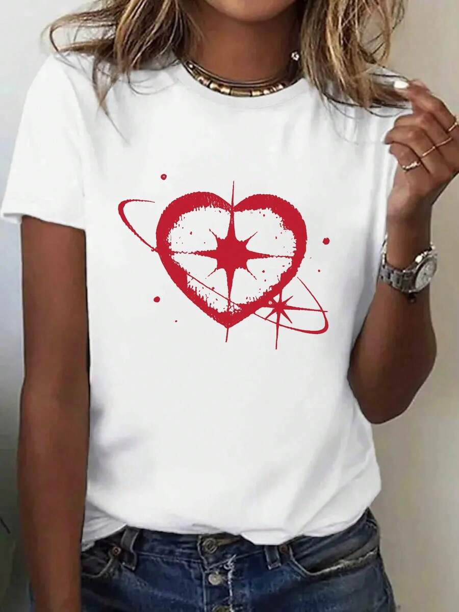 Women's T-Shirt With Creative Red Heart And Square Star Print, Short Sleeve, Round Neck, Casual Summer Style, Women's Clothing - Urban Vintage Style, Unisex, Loose Cotton Short Sleeve Round Neck T-Shirt. - 白色 - 查看 1