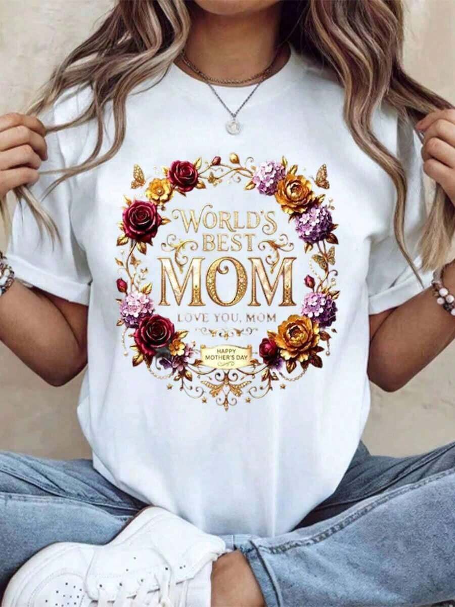 "World's Best Mom" T-Shirt, I Love You Mom, Floral Design For Mother's Day, Gift For Moms, Casual T-Shirt For Celebrating Motherhood, 220g - Urban Vintage Style, Unisex, Loose Fit, Cotton, Short Sleeve, Round Neck, 100% Pure Cotton - 白色 - 查看 1