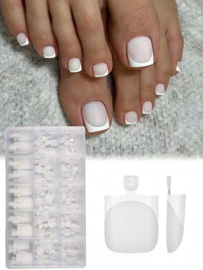150pcs White Square Toe Nail Stickers For Women, 15 Sizes, Thick Fake Toenails