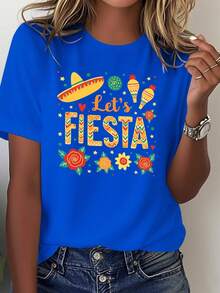Women's Mexican Carnival T-Shirt - 100% Soft And Breathable In Turquoise Blue, With A Wide-Brimmed Hat And Maracas Print. Let's Celebrate Together With Salsa Dance Attire. Mexican-Themed Casual Wear, Suitable For Cinco De Mayo And Everyday Use. Easy To Machine Wash. Festive Design With A Colorful Wide-Brimmed Hat And Chili Print. Loose Fit Suitable For Warm Weather. Bright Colors And Cultural Style. Not See-Through. Suitable For All Seasons. Women's Blouses. - 藍色 - 查看 1