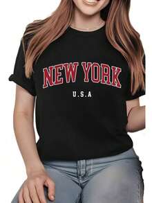 Camiseta Casual de Manga Corta para Mujer con Estampado de Letras de Nueva York - Ropa de Verano Oversize - Camiseta de Algodón con Cuello Redondo - Atuendo Casual de Verano para Mujer - Camiseta Holgada para Uso Diario - Negro - Ver 5
