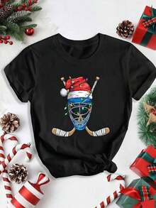 100% Cotton. Summer T-Shirt For Women/Men. Women's T-Shirt With A Christmas Ice Hockey Player Print, Short Sleeves, Round Neck, Casual Style, Suitable For Spring And Summer. Women's Short-Sleeved Christmas Style T-Shirt. Simple Solid Color, Loose And Fitted Cut, Casual Short-Sleeved T-Shirt. - 黑色 - 查看 11