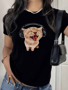 100% Cotton. Smiling Cat With Headphones Symbolizing Love For Music And Positive Energy. Women's T-Shirt. 100% Cotton, Comfortable And Casual. Women's Simple Solid Color T-Shirt, Loose And Slim Fit Casual Short Sleeve - 黑色 - 查看 11