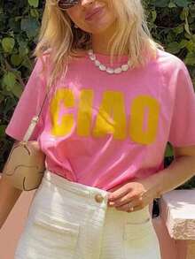 Camiseta de mujer, camiseta gráfica de manga corta de estilo casual de calle, top de verano lindo - Rosa 3 - Ver 3