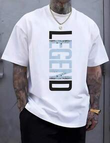 1pc Man' Vertical Letter Graphic Print White TShirt Crew Neck Casual Cotton Tee Medium Stretch Knit Fabric Regular Fit For Boys Man Perfect For // - White - View 2