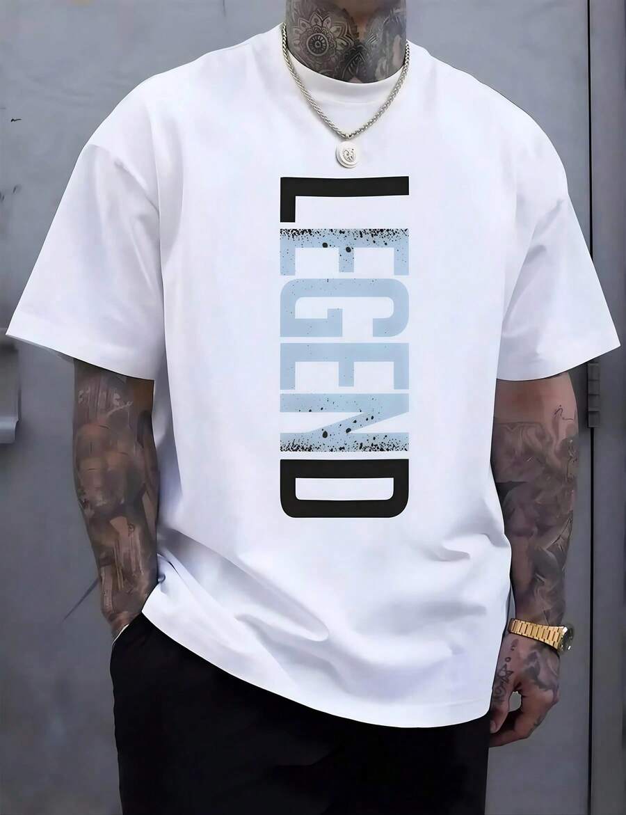 1pc Man' Vertical Letter Graphic Print White TShirt Crew Neck Casual Cotton Tee Medium Stretch Knit Fabric Regular Fit For Boys Man Perfect For //