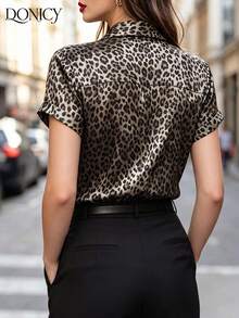 DONICY Camicia da donna in raso con stampa leopardata marrone, maniche corte, casual da ufficio per l'estate - Multicolore - Visualizzare 2