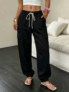 6-Pack Women's Cargo Pants With Zipper Pockets, Fashionable Large Pocket Design, Elastic Drawstring Waist, Slim Fit Casual Pants For Daily/Outdoor Wear, Black - 彩色 - 查看 3
