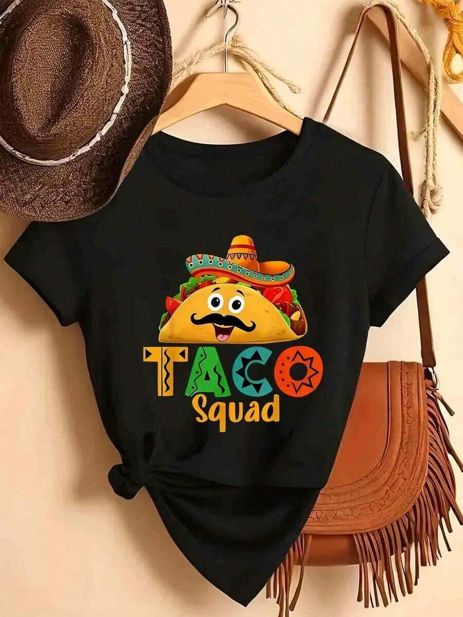 Simple And Versatile Design. Lightweight Graphic Tee, One-Piece Set With A Mexican Burrito Print. Fashionable, Casual, Loose Fit, Machine Washable, Suitable For Outdoor Sports And Everyday Wear. Casual Short-Sleeve Crew Neck Tee, A Popular Choice. Cotton Tee. - 黑色 - 查看 1