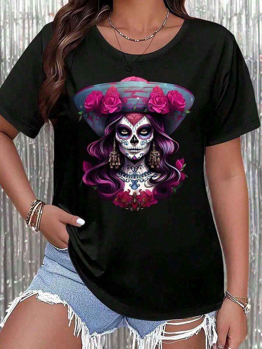 Women's Blouses. Women's Oversized White Short-Sleeved T-Shirt With Sugar Skull And Rose Hat Print, Casual Summer Top For Everyday Wear And Festival Outfits. Slim-Fit Graphic T-Shirt In Y2K Style. - 黑色 - 查看 1