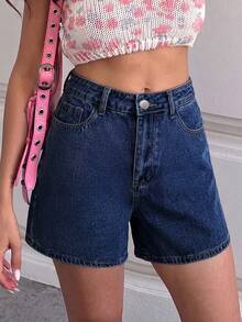Short en jean bleu ajusté sans stretch, taille mi-haute, mode minimaliste personnalisée pour femme, polyvalent pour l'été, décontracté - Jean brut - Voir 6