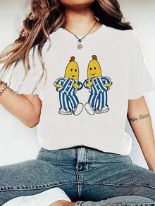 Under The Radar Women's Short Sleeve T-Shirt With Custom Creative Print, Pajama Style, Yellow, Blue, And White Stripes,  And Fashionable, Casual Summer Crew Neck Graphic Print Top, Versatile Casual Top For Women, Essential For Summer Travel And Dates. - Vintage Street Style Unisex Loose Cotton Short Sleeve Crew Neck T-Shirt - 白色 - 查看 1