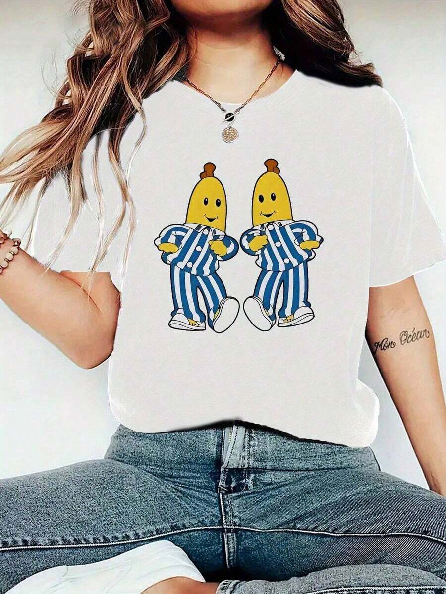 Under The Radar Women's Short Sleeve T-Shirt With Custom Creative Print, Pajama Style, Yellow, Blue, And White Stripes, And Fashionable, Casual Summer Crew Neck Graphic Print Top, Versatile Casual Top For Women, Essential For Summer Travel And Dates. - Vintage Street Style Unisex Loose Cotton Short Sleeve Crew Neck T-Shirt - 白色 - 查看 1