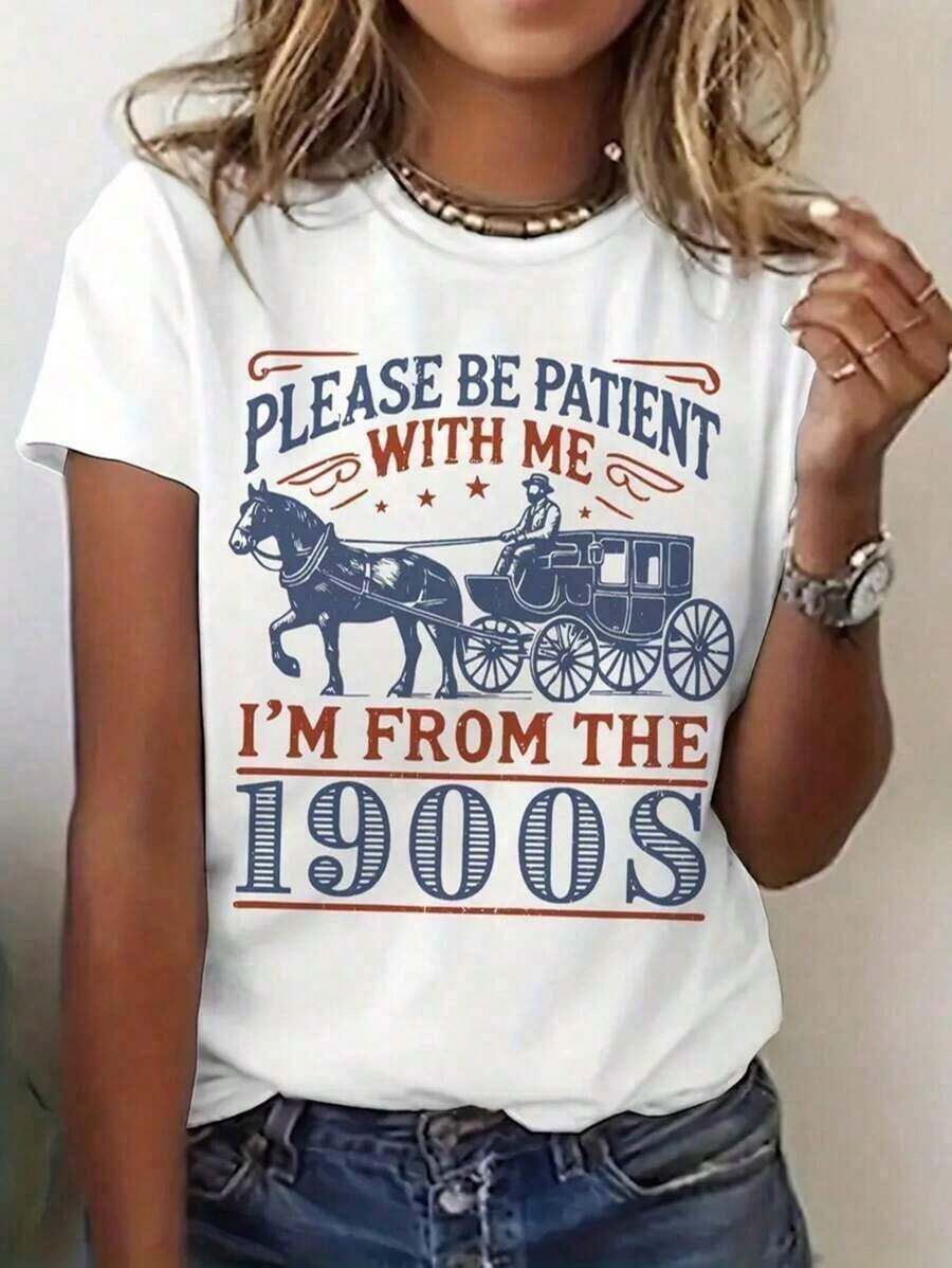 Soft [Casual Graphic Print T-Shirt] Casual Style Clothing, Polyester T-Shirt - Please Be Patient With Me, I'm 100s. Graphic Print, Crew Neck, Short Sleeve, Summer And Spring Top, Elegant Women's Blouses - 白色 - 查看 1