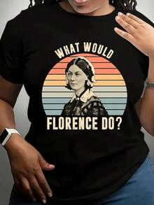 Women's Short-Sleeved T-Shirt, Florence Nightingale, Vintage Style Print, Casual Black Round Neck T-Shirt, Elastic, Machine Washable, Suitable For Sports And Leisure In Spring/Summer/Autumn. - 黑色 - 查看 1