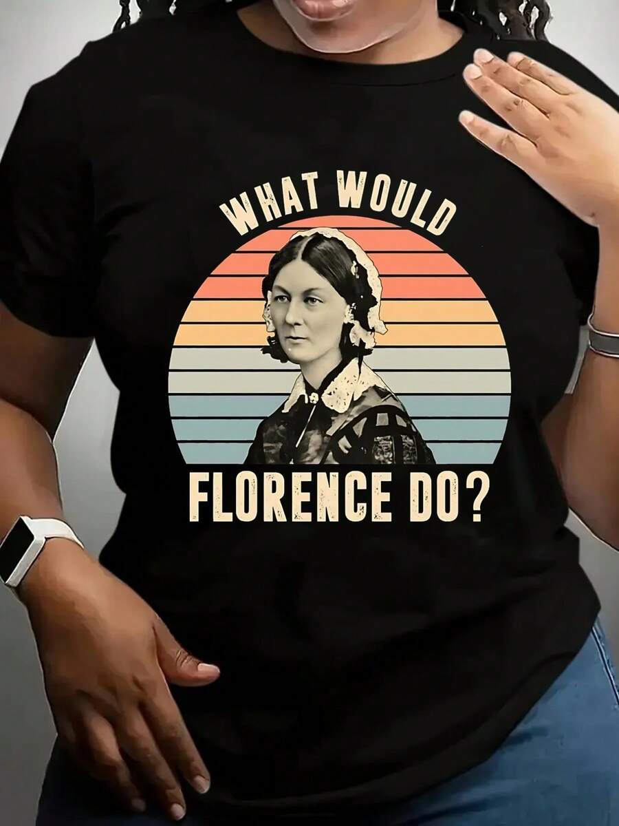 Women's Short-Sleeved T-Shirt, Florence Nightingale, Vintage Style Print, Casual Black Round Neck T-Shirt, Elastic, Machine Washable, Suitable For Sports And Leisure In Spring/Summer/Autumn. - 黑色 - 查看 1