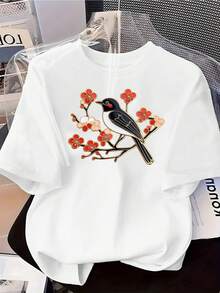Women's Casual Short-Sleeved T-Shirt With Red Plum Blossom Print, Comfortable And Well-Fitting, Matching Sets For Sisters, Essential For Outdoor Travel, Women's T-Shirt, Spring And Summer T-Shirt. - 黑色 - 查看 6