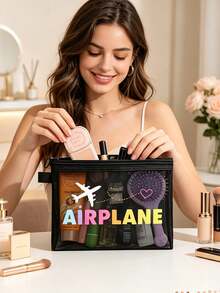 Women's Airplane Themed Travel Toiletries And Cosmetics Storage Bag - Cute Aviation Design With Airplane And Airplane Text Prints, Compact Makeup Bag With Zipper, Lightweight And Durable Fabric, Suitable For Carrying Essentials, Ideal Birthday/Honeymoon Gift For Female Travelers (Airplane Luggage Design, Travel Accessories) - Perfect For Airplane Enthusiasts, Airplane Themed Small Makeup Storage Bag - Multicolor - View 2
