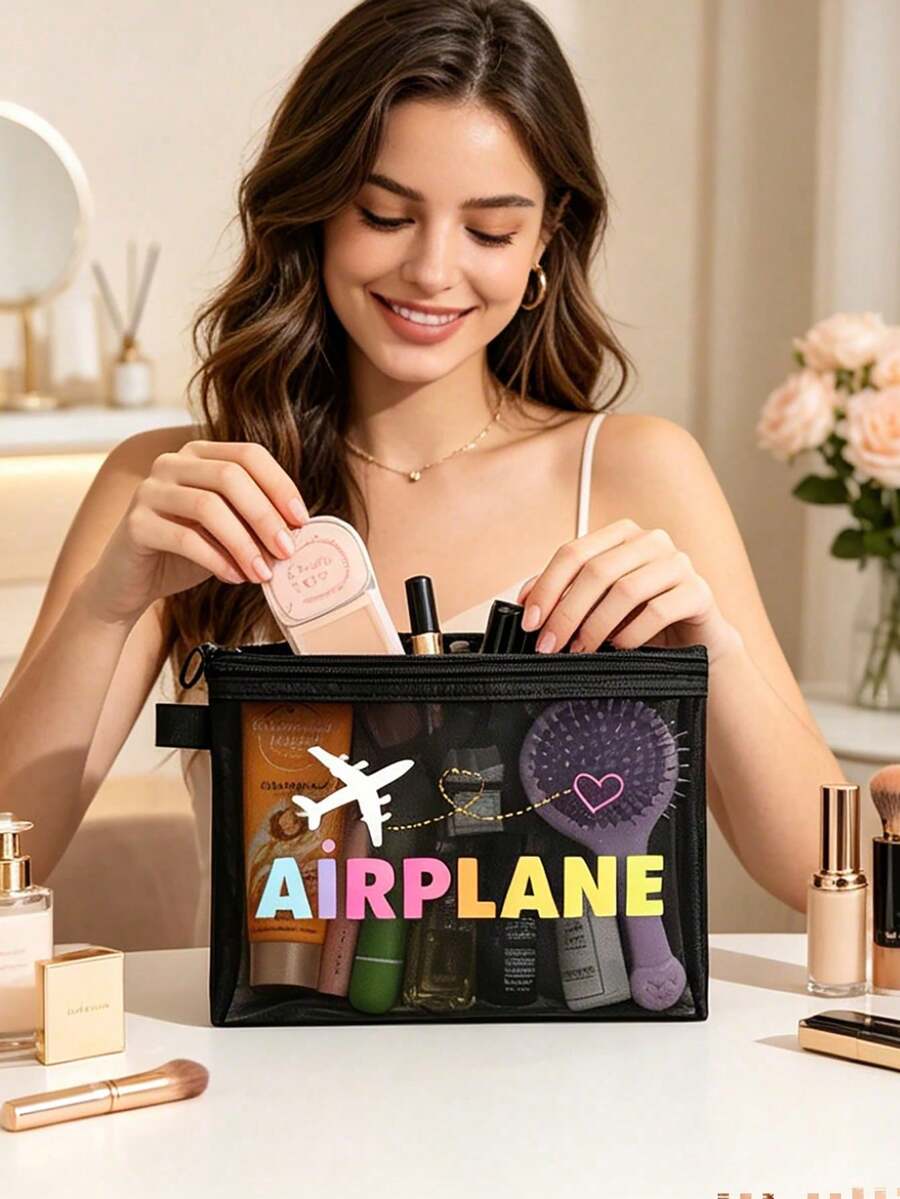 女士飞机主题旅行洗漱用品及化妆品收纳包 - 可爱的航空设计，印有飞机和飞机文字图案，小巧的拉链化妆包，轻便耐用的面料，适合携带必备物品，是送给女性旅行者的理想生日/蜜月礼物（飞机行李箱设计，旅行配件） - 飞机爱好者的完美之选，飞机主题小型化妆收纳包 - 彩色 - 查看 1