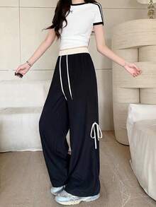 Women's Wide-Leg Trousers With Adjustable Drawstring, Loose Fit And Inspired By Urban Fashion, With Belt Loops And Pockets, Made Of Polyester Fabric With Bow Detail. - 黑色 - 查看 5