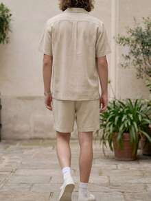 glestore 男士复古风“老钱”纯色西装，亚麻质感，柔软舒适，轻盈微透的面料，是休闲穿着、通勤和度假的完美之选。 - 卡其色 - 查看 2