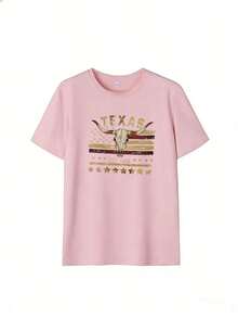 Western And Vintage Style Short Sleeve T-Shirt, Fashionable Short Sleeve T-Shirt For Spring And Summer 2026, Made In Mexico, 180 Grams. Cartoon Print, Couple Design, Suitable For Indoor Or Outdoor Wear. Crew Neck, Unisex, Ideal For Office And Leisure. One-Piece Pack. - PK-P631577SLNDXZGY600 - 查看 2