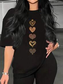 Women's Printed T-Shirt - Casual Short Sleeve Crew Neck T-Shirt In Black With Elegant Gold Heart And Line Designs, Relaxed Fit For All Seasons, Perfect For Everyday Wear And Holiday Outfits, Machine Washable. - 黑色 - 查看 1