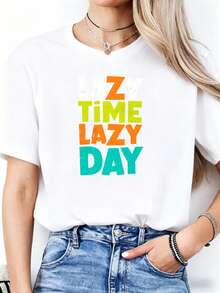 Camiseta Estampada para Mujer ZZ LAZY DAY - Camiseta Casual Blanca de Manga Corta y Cuello Redondo, con Corte Relajado Perfecto para Todas las Estaciones, para el Uso Diario y Atuendos de Vacaciones (Lavable aáquina). - Blanco - Ver 1