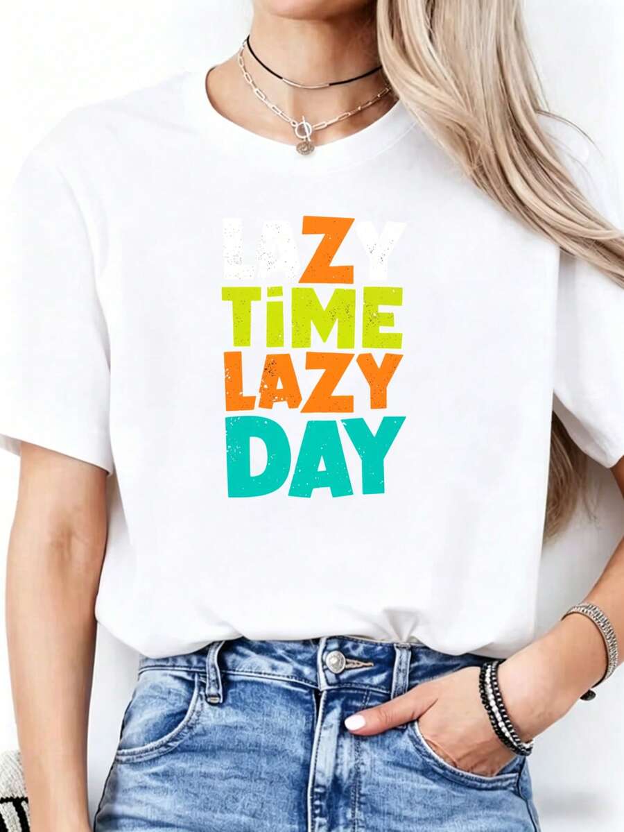 Camiseta Estampada para Mujer ZZ LAZY DAY - Camiseta Casual Blanca de Manga Corta y Cuello Redondo, con Corte Relajado Perfecto para Todas las Estaciones, para el Uso Diario y Atuendos de Vacaciones (Lavable aáquina). - Blanco - Ver 1