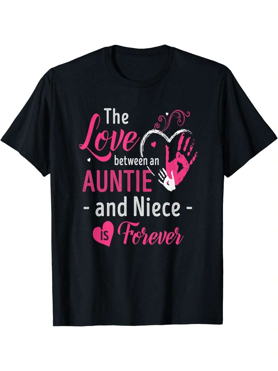 Camiseta Estampada para Mujer - Camiseta Casual de Manga Corta y Cuello Redondo en Negro con Diseño de Amoría-Sobrina, Corte Relajado para Todas las Estaciones, Perfecta para Uso Diario y Atuendos de Vacaciones (Lavable aáquina). - Negro - Ver 1