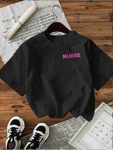 | Exquisite Design | Loose And Comfortable | Easy To Match | [Double-Sided Print] Women's T-Shirt For Spring/Summer, Professional Style, Stethoscope Print, Heartbeat Line, Nurse Mom Print, Pure Cotton, Casual Daily Wear, Short Sleeve, Round Neck, Women's T-Shirt [Hongk] - 黑色 - 查看 2