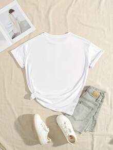 Women's Casual T-Shirt, Short Sleeve Casual T-Shirt With "LOVE" Letter Print, Round Neck, Polyester Knit Top, Summer And Spring Fashion, 95% Polyester 5% Elastane, Fabric Weight 180g/M², 100% Cotton, Durable - 白色 - 查看 2