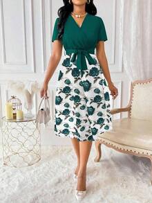 Vestido de mujer con cuello en V y cinturón, manga corta, vestido largo de verano para mujer - Multicolor - Ver 8