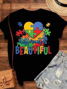 Diferente es Hermoso: Camiseta con Corazón de Rompecabezas de Concientización sobre el Autismo para Mujeres y Hombres, Ropa Casual Unisex, Perfecta para el Mes de Concientización sobre el Autismo o para Uso Diario, Camiseta de Algodón - Negro - Ver 4