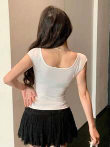 Camiseta de mujer de manga corta ajustada con lazo de espalda descubierta y cordones, de verano - Blanco - Ver 4