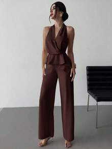 de dos piezas de top sin mangas con cuello en V asimétrico elegante y romántico, y pantalones rectos holgados de color caqui, adecuado para verano, playa, vacaciones - Café integral - Ver 7