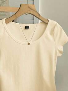 Camiseta ajustada de mujer con cuello de pico, manga raglán y patrón minimalista, 95% algodón, color caqui - Albaricoque - Ver 3