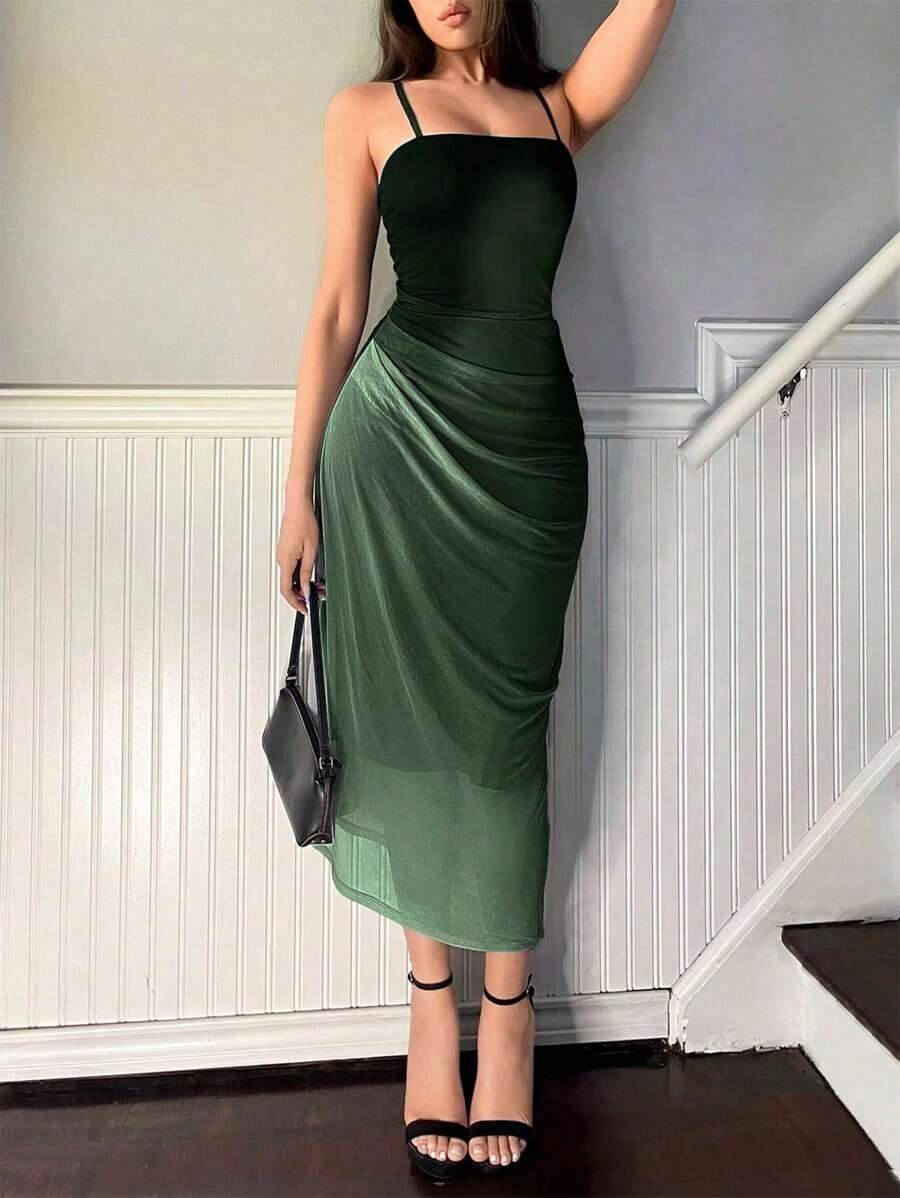 Vestido de tirantes de malla degradado elegante para mujer, de verano - Verde - Ver 1
