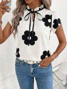 Camisa de mujer de manga corta, con lazo, volantes, a cuadros, elegante y casual para vacaciones y picnic, primavera/verano - Negro - Ver 4
