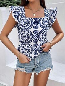 Frenchy Camisa suelta para mujer de vacaciones informales de primavera/verano con cuello cuadrado, mangas cortas con volantes y estampado de bordado geométrico. - Azul y blanco - Ver 4
