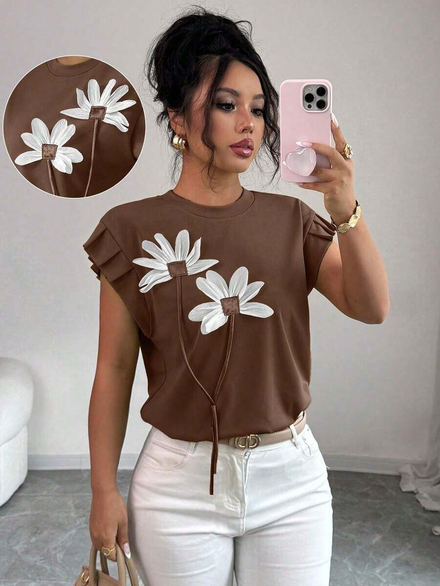 Camiseta de mujer con flores tridimensionales lindas y contrastantes para verano y otoño - Marrón - Ver 1