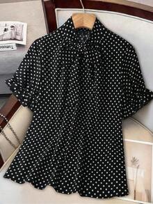 Blusa de manga corta holgada, casual, elegante, dulce y retro con estampado de lunares, cuello con volantes y talla grande para primavera/verano - Multicolor - Ver 8