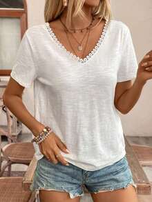 Frenchy Top amarillo con encaje y espalda descubierta, camiseta, imprescindible, conjunto de verano, imprescindible de la temporada de bodas, estilo francés - Blanco - Ver 4