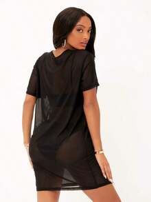 Vestido de hombros caídos de malla transparente - Negro - Ver 2