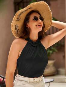VCAY Blusa de verano para mujer con cuello con volantes, escote en la espalda y top sin mangas - Negro - Ver 6