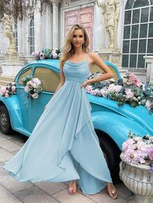 Vestido formal elegante y minimalista para mujer, vestido de dama de honor de verano, adecuado para bodas, invitados, galas, eventos formales, fiestas de compromiso, bodas de jardín - Vestido largo de dama de honor con cuello drapeado, bajo asimétrico y tirantes, unicolor, primavera - Celeste - Ver 5