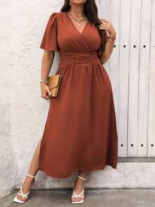Vestido maxi de verano para mujer talla grande, de manga corta con volantes y cuello en V de un solo color - Óxido marrón - Ver 6