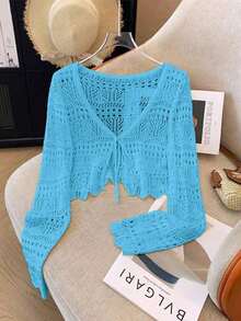 Top de punto nuevo de color sólido, cárdigan de encaje de ganchillo hueco, suéter de punto ligero y versátil para mujer. - Agua verde azul - Ver 12