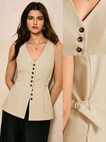 Elegante blusa marrón con cierre de botones delantero y cintura ceñida, elegante y ajustada a la cintura, blusa elegante para mujer, blusas elegantes para mujer, sencilla y elegante, adecuada para uso diario, salir, ir al trabajo, otoño/invierno, blusas marrones para mujer, blusa color caqui, blusa marrón café - Albaricoque - Ver 1